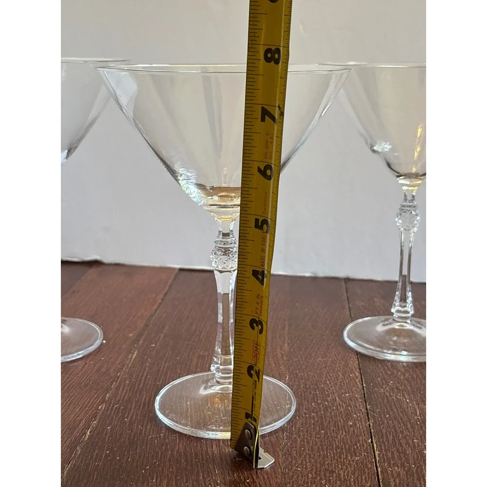 Set of 3 Vintage Clear Martini Glasses Faceted Stem Diamond Cut Detail 7.25in